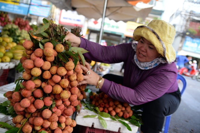 Mời khách mua vải thiều tại một điểm bán ở quận Gò Vấp, TP HCM.