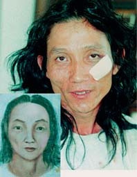 Chân dung thủ phạm gây án qua nét vẽ phác thảo của họa sỹ Võ Tấn Thành và chân dung “yêu râu xanh mặc quần xì đỏ” Phó Văn Chính khi bị bắt.