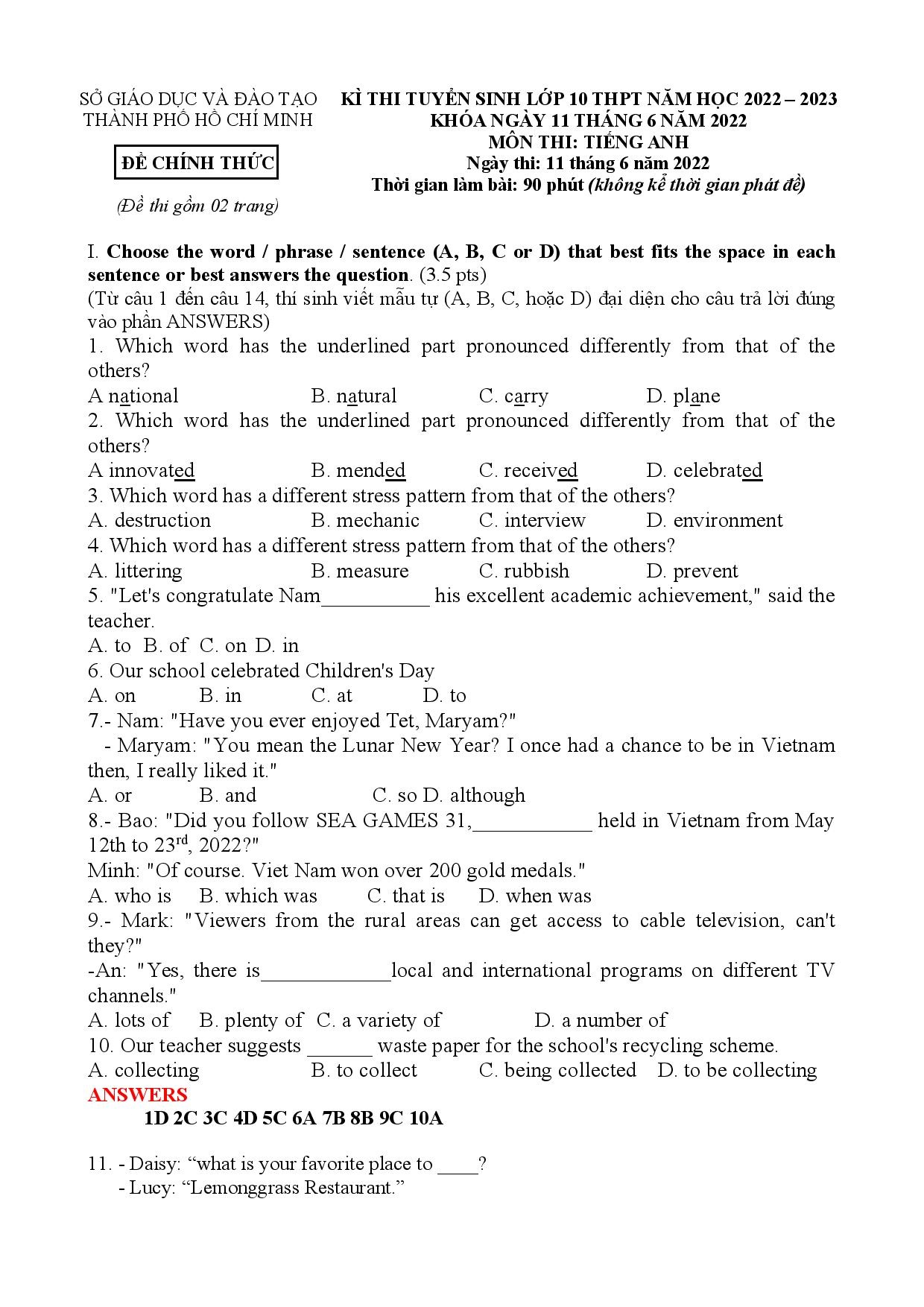 De thi mon tieng Anh vao 10 o TP.HCM anh 1