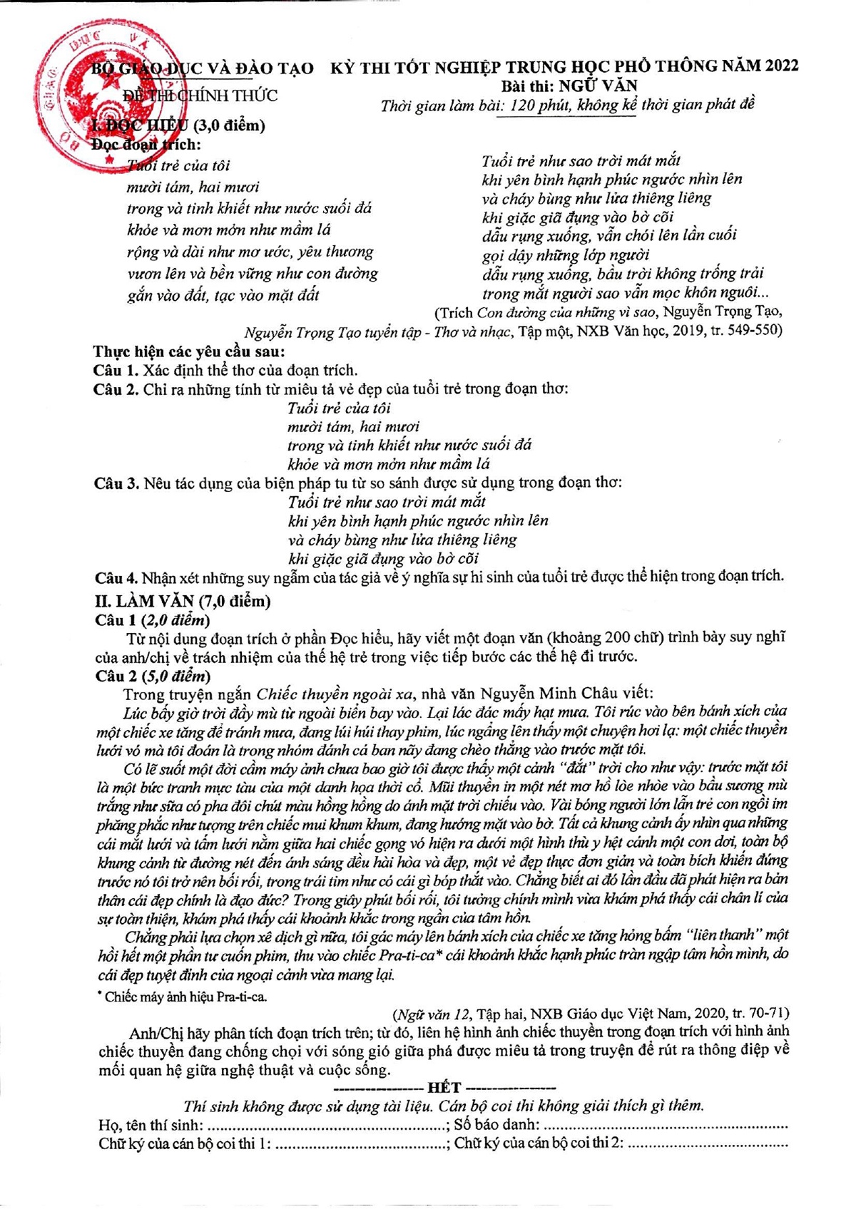 Dap an va thang diem mon Ngu van 2022 anh 1