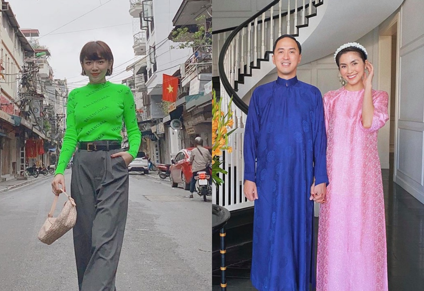 Toc Tien mac ao non chuoi, Tang Thanh Ha dien ao dai hong ben chong hinh anh
