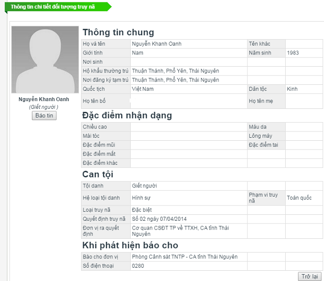 Oanh đang bị Công an Thái Nguyên truy nã đặc biệt.trang web của Cục Cảnh sát Truy nã tội phạm