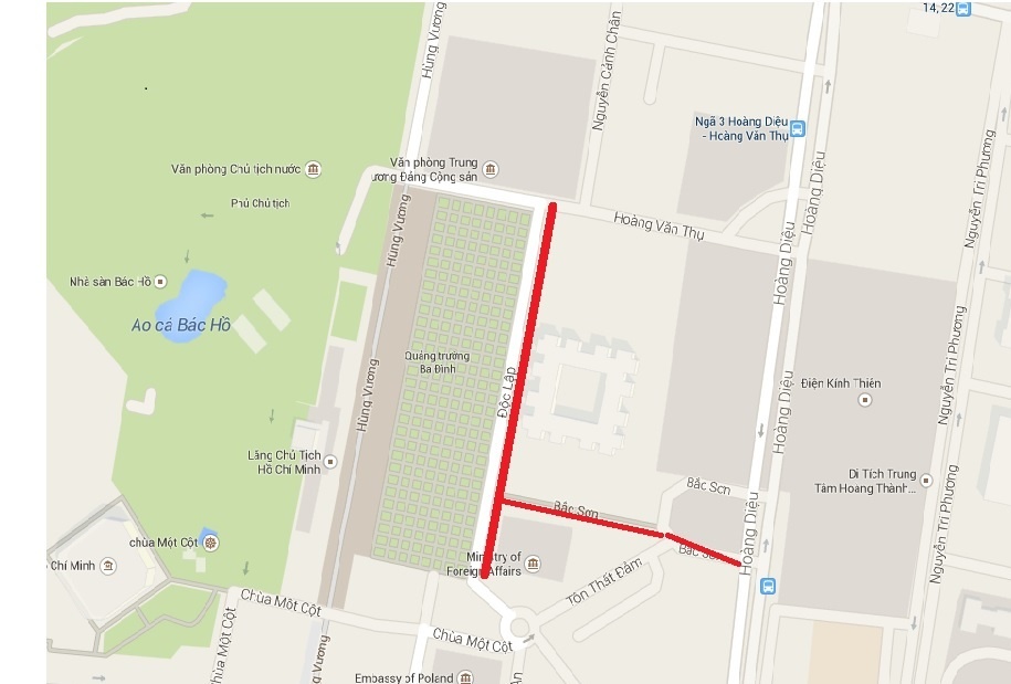 Trong thời gian họp Quốc hội, trên hai tuyến đường Độc Lập, Bắc Sơn sẽ tổ chức cấm triệt để phương tiện giao thông. 