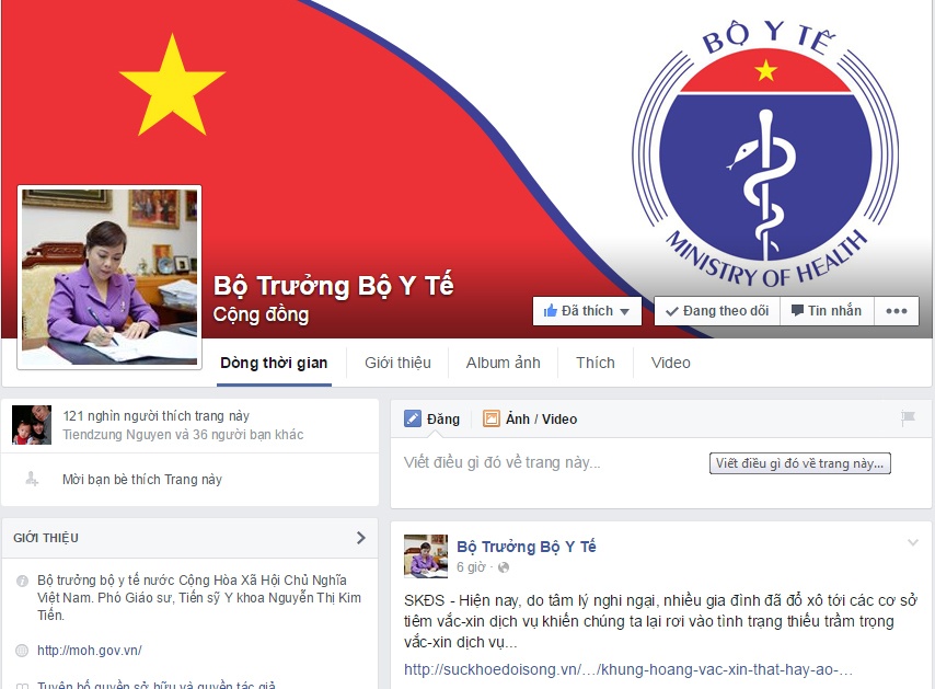 Facebook của Bộ trưởng Bộ Y tế Nguyễn Thị Kim Tiến nhận được sự quan tâm đặc biệt của dư luận, khi có hơn 100k.