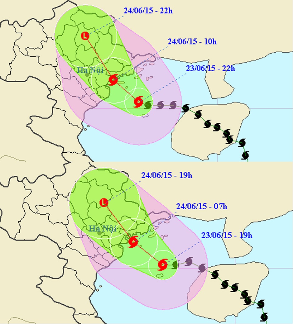 Đường đi của bão lúc 19 và 22h ngày 23/6. Ảnh: NCHMF.