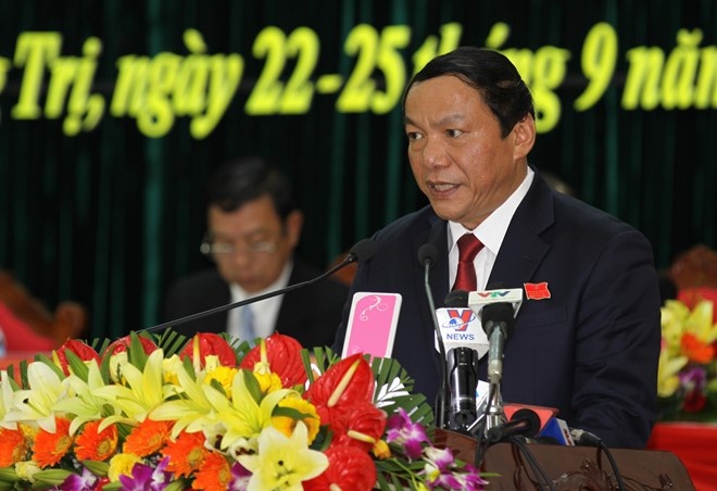 Ông Nguyễn Văn Hùng, tân Bí thư Tỉnh ủy Quảng Trị phát biểu tại Đại hội Đảng bộ tỉnh Quảng Trị lần thứ XVI. Ảnh: Hưng Thơ.