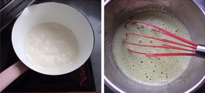 Đổ sữa tươi vào nồi, đặt lên bếp đun nóng trên lửa nhỏ nhưng không đun sôi. Canh cho đến khi vừa thấy sữa sủi lăn tăn ở mép nồi thì tắt lửa, nhấc nồi ra khỏi bếp.  Từ từ đổ sữa vào hỗn hợp lòng đỏ trứng ở bước 1, vừa đổ vừa khuấy đều để tránh cho nhiệt nóng từ sữa có thể làm cho trứng chín không đều, khiến cho hỗn hợp bị lợn cợn.