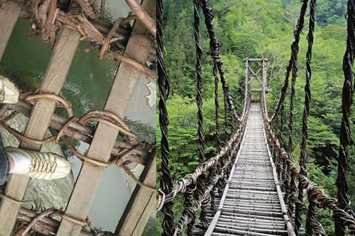 Vine Footpaths AKA – Nhật Bản: Nằm tại thung lũng Ivy, Nhật Bản và được bắc qua con sông Iya. Cây cầu này được làm từ những thanh gỗ, và được kết bằng những sợi dây rừng. Do đó, nó không được chắc chắn, khi có người đi qua nó đung đưa khá mạnh.