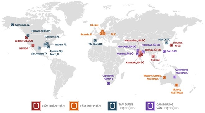 Bản đồ thể hiện những nơi Uber bị cấm hoặc tạm dừng hoạt động. Nguồn GlobalPost