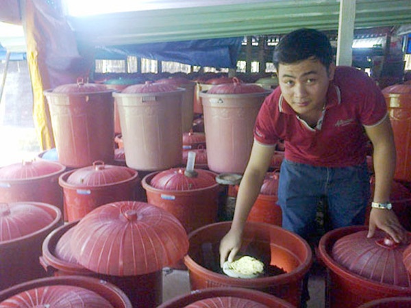 Anh Đoàn đang chăm sóc cho đàn dế mèn của mình.