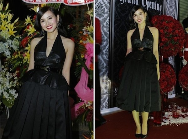 Tông màu đen có phần già dặn, thiết kế váy rườm rà khiến hình ảnh hot girl Tâm Tít kém phần sang trọng. 