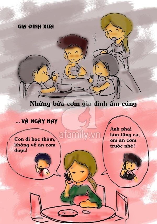 Bữa cơm gia đình xưa luôn được chú trọng. Ngày ấy, con cái chỉ đi học rồi về, vợ chồng thì người làm công, người làm nông nhưng cứ đến bữa cơm gia đình thì đều tập hợp đầy đủ. Ngày nay, do nhịp sống đẩy nhanh hơn. Con cái phải đi học thêm, học phụ đạo, vợ chồng làm tăng ca... nên đến giờ cơm không còn được sum vầy như trước. Một số gia đình hiện đại đã dần quên mất bữa cơm truyền thống. Cứ ai về đến nhà thì xới cơm ăn trước.