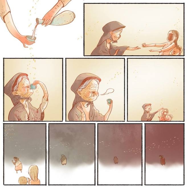 Hai chị em Liên đứng sững nhìn theo cụ đi lần vào bóng tối, tiếng cười khanh khách nhỏ dần về phía làng.