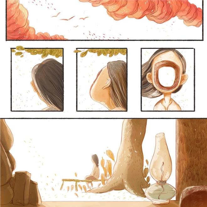 Liên ngồi yên lặng bên mấy quả thuốc sơn đen; đôi mắt chị bóng tối ngập đầy dần và cái buồn của buổi chiều quê thấm thía vào tâm hồn ngây thơ của chị: Liên không hiểu sao, nhưng chị thấy lòng buồn man mác trước cái giờ khắc của ngày tàn. 