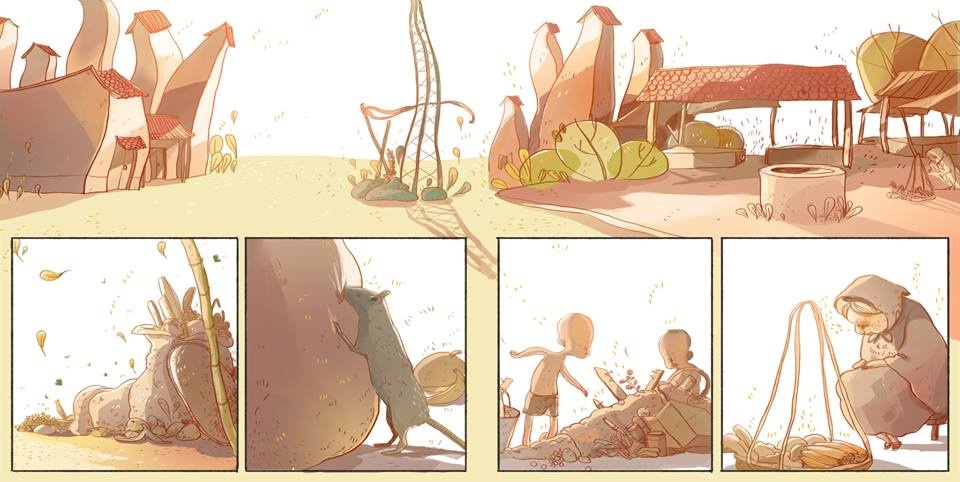 Chợ họp giữa phố vãn từ lâu. Người về hết và tiếng ồn ào cũng mất. Trên đất chỉ còn rác rưởi, vỏ bưởi, vỏ thị, lá nhãn và bã mía. […] Mấy đứa trẻ con nhà nghèo ở ven chợ cúi lom khom trên mặt đất đi lại tìm tòi.