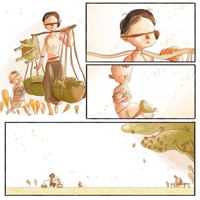 Trời nhá nhem tối, bây giờ chị em Liên mới thấy thằng cu bé xách điếu đóm và khiêng hai cái ghế trên lưng ở trong ngơ đi ra: Chị Tí, mẹ nó, theo sau, đội cái chỏng trên đầu và tay mang không biết bao nhiêu là đồ đạc: tất cả cái cửa hàng của chị.