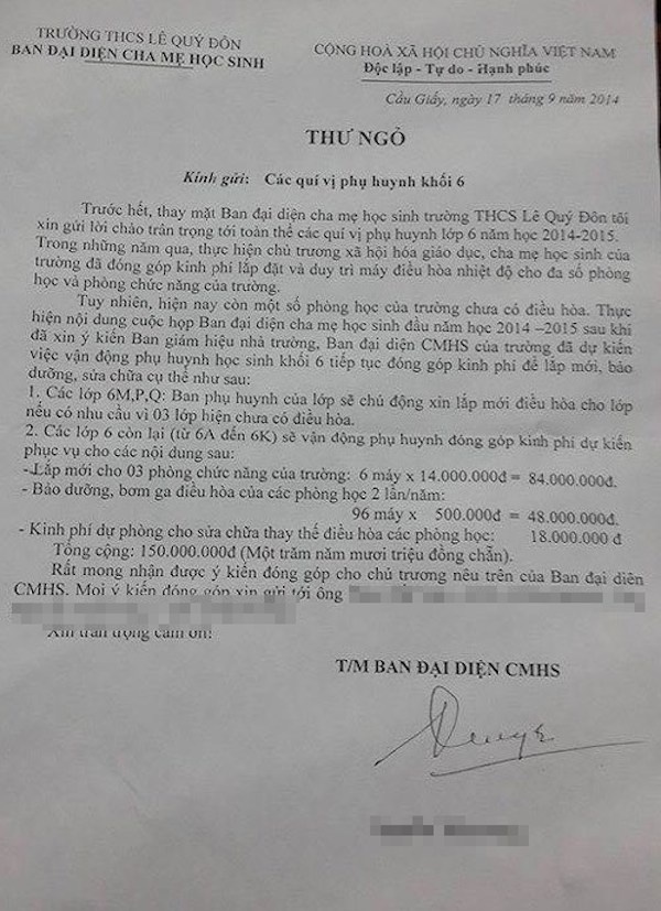 Thư ngỏ của ban phụ huynh trường THCS Lê Quý Đôn, Hà Nội về khoản đóng góp mua mới và bão dưỡng điều hòa.