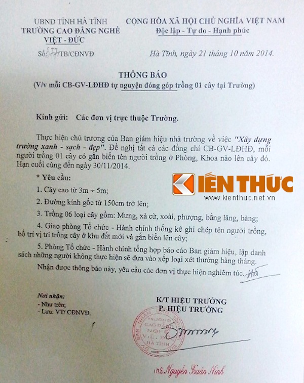 Văn bản thông báo số 377/TB/CĐNVĐ do ông Nguyễn Xuân Ninh ký ngày 21/10.