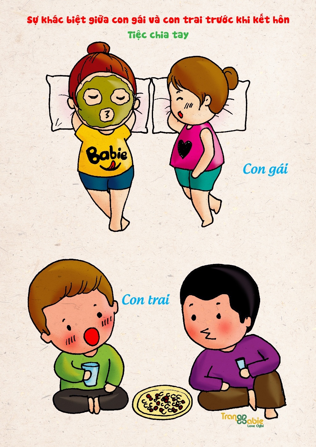 Trước khi kết hôn, con trai và con gái luôn có những điểm khác biệt. Cụ thể, trong tiệc chia tay cuộc đời độc thân, nếu như con gái thường rủ các chị em nấu ăn, ngủ nhà nhau, làm đẹp và chia sẻ chuyện thầm kín thì con trai lại nhậu nhẹt tối ngày cùng đám chiến hữu.