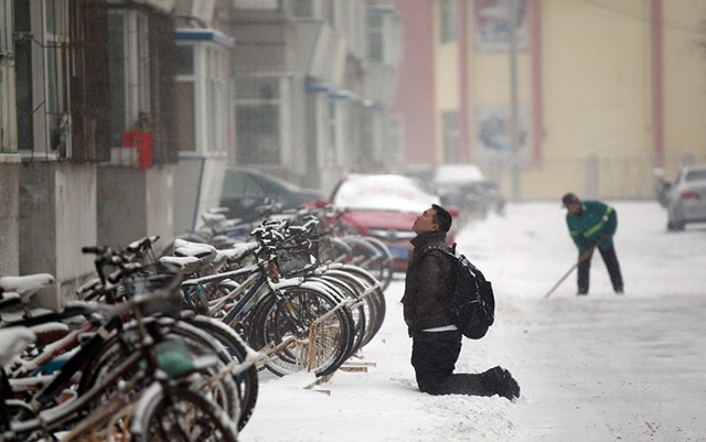 Chang trai quy giua troi gia ret de xin loi ban gai hinh anh