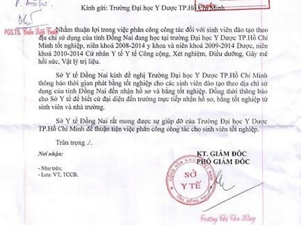 Công văn Sở Y tế Đồng Nai gửi Trường ĐH Y dược về việc được trực tiếp đến trường nhận hồ sơ, bằng tốt nghiệp...