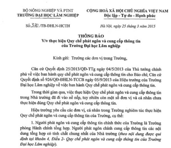 Một văn bản khác của Trường ĐH Lâm nghiệp nhắc nhở cán bộ công nhân viên lưu ý về phát ngôn
