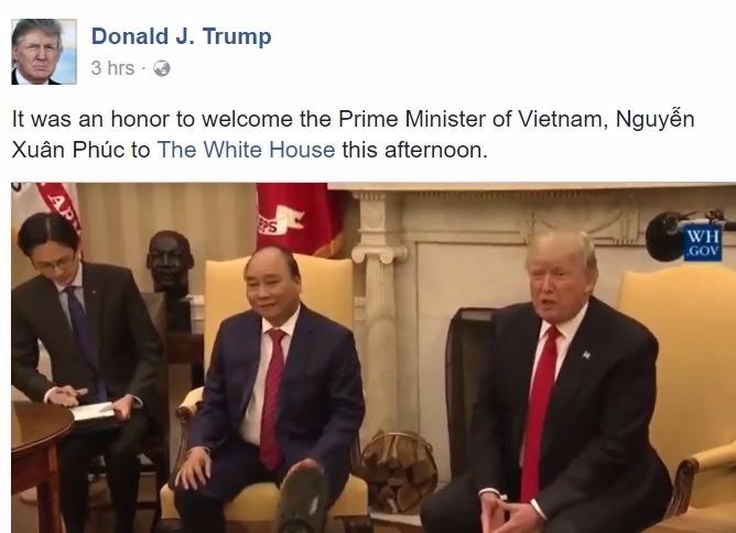 Facebook TT Donald Trump: Han hanh don tiep Thu tuong Nguyen Xuan Phuc hinh anh
