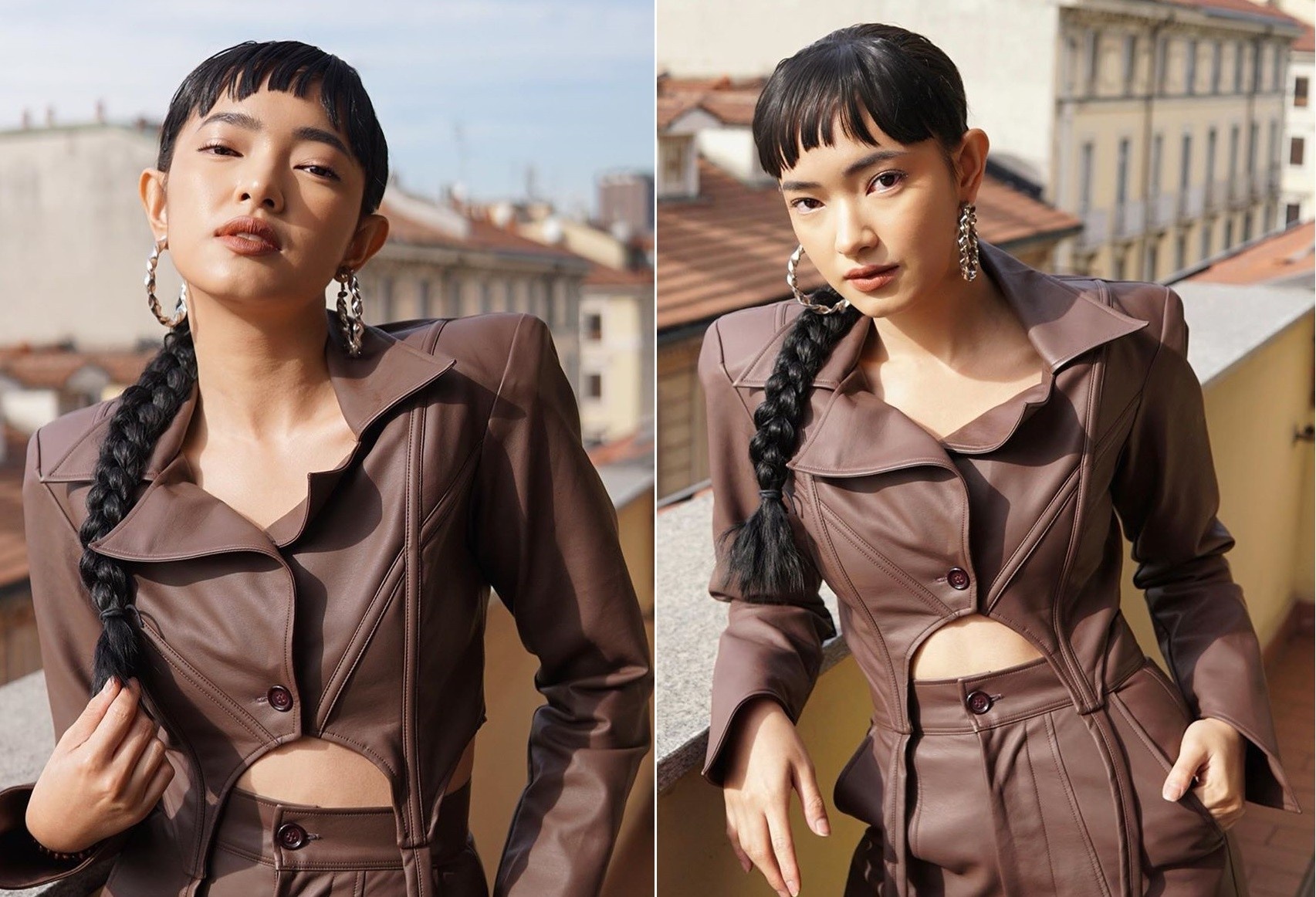 Chau Bui dien do cat xe la mat khi tham du Tuan le thoi trang Milan hinh anh