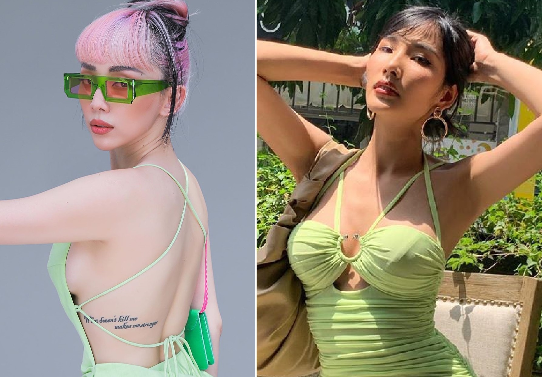Toc Tien, Hoang Thuy khoe ve goi cam voi vay ao  mau xanh la cay hinh anh