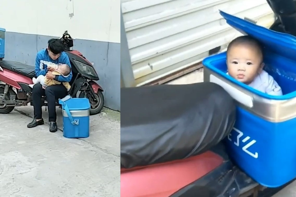 Be 6 thang tuoi ngoi trong hop, cung cha di ship hang khap thanh pho hinh anh