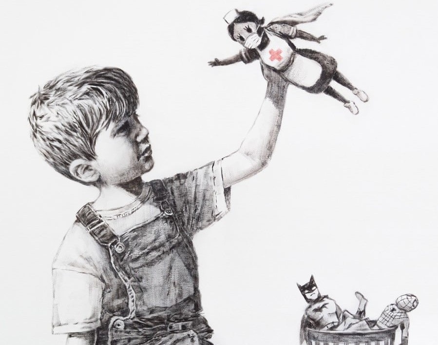 Banksy ve tranh ton vinh y ta, con nguoi Nhen nam trong thung rac hinh anh