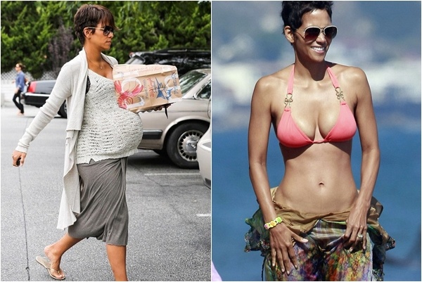 Halle Berry: Nữ diễn viên xinh đẹp luôn tự hào rằng vóc dáng cô vẫn không thay đổi nhiều cho đến khi mang thai ở tháng thứ 7. Sau khi sinh, cô chia nhỏ bữa ăn thành 5 bữa một ngày, mỗi bữa ăn đều bao gồm đủ 5 loại thực phẩm trong vòng 5 tuần. Những bài tập được cô áp dụng gồm các động tác giãn cơ, quyền Anh, yoga, nhảy xa. Mỗi tuần, nữ diễn viên đều đặn dành ra 5 buổi tập cardio. Nhờ vậy, sau một thời gian ngắn sinh nở, cô nhanh chóng lấy lại vóc dáng săn chắc với những đường cong nóng bỏng.