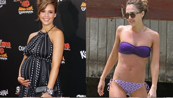 Jessica Alba: Khi sinh con gái Honor Marie, nữ diễn viên Jessica Alba đã tăng liền 15 kg nhưng sau đó cô lấy lại vóc dáng khá nhanh. Bí quyết là người đẹp đã thực hiện tập thể dục trong suốt thai kỳ, chủ yếu là những động tác yoga cho bà bầu và năng đi bộ. Sau sinh, cô tiếp tục tập yoga kết hợp đạp xe và đi bộ nhanh dưới sự hướng dẫn của huyến luyện viên riêng. Không những thế, mỹ nhân còn lên thực đơn tỉ mỉ cho chế độ ăn kiêng. Hàng ngày, cô đều uống đủ 2 lít nước và nạp thực phẩm với lượng calo luôn xấp xỉ mức 1.700 calo/ ngày. Một số thực phẩm được nữ diễn viên ưu tiên trong thời gian giảm cân gồm salad, các loại thịt nạc, và pho mát ít béo. Sau một thời gian kết hợp cả kiêng khem và thể dục, cô đã giảm được 11 kg.