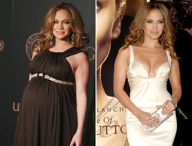 Jennifer Lopez: Thời gian mang thai 2 bé sinh đôi, Max và Emma, nữ ca sĩ nóng bỏng này đã tăng liền 22 kg. Để lấy lại thân thình bốc lửa, cô dành gần 5 tháng sau sinh giảm cân với những bài tập đi bộ phối hợp chạy bền 45 phút mỗi ngày. Bên cạnh đó, cô còn đạp xe đường dài và tập thể dục 5-7 ngày/ tuần. Đối với việc ăn uống, cô chia nhỏ bữa ăn thành 5-7 bữa một ngày và chủ yếu dùng ngũ cốc, ức gà, thịt nạc và lòng trắng trứng, đặc biệt tuyệt đối tránh bia rượu, hút thuốc.