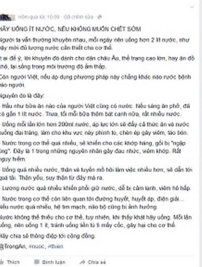 Lời cảnh báo Hãy uống ít nước nếu không muốn chết sớm.