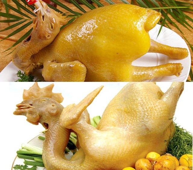 Da gà ta có màu vàng nhạt (dưới), còn gà nhuộm hóa chất có màu vàng óng và đều (trên).