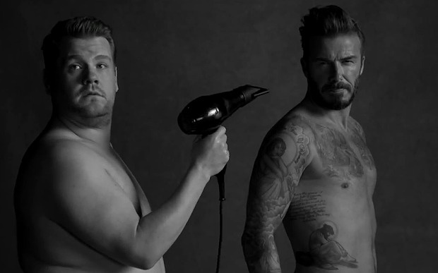 Beckham khoe dang chuan ben 'trai map' James Corden hinh anh