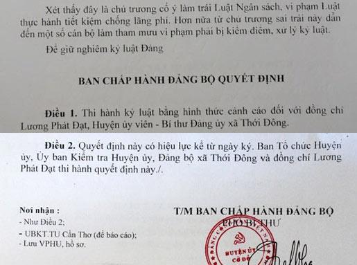 Quyết định kỷ luật ông Lương Phát Đạt – Bí thư Đảng ủy xã Thới Xuân vào thời điểm tháng 9/2013, chỉ 2 tháng sau (tháng 12/2013) ông Đạt được điều động nhận chức Phó Chủ tịch MTTQ huyện Cờ Đỏ.