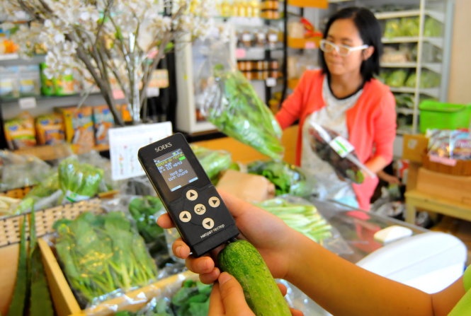 Đo hàm lượng nitrat trong rau củ quả tại một cửa hàng rau sạch ở quận 3, TP HCM - Ảnh: T.T.D.