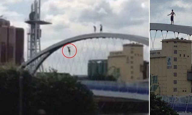 Nam sinh nhay cau de giai toa nong buc hinh anh