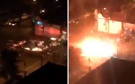 Truc thang hong dong co, xoay tron va no tren duong pho hinh anh