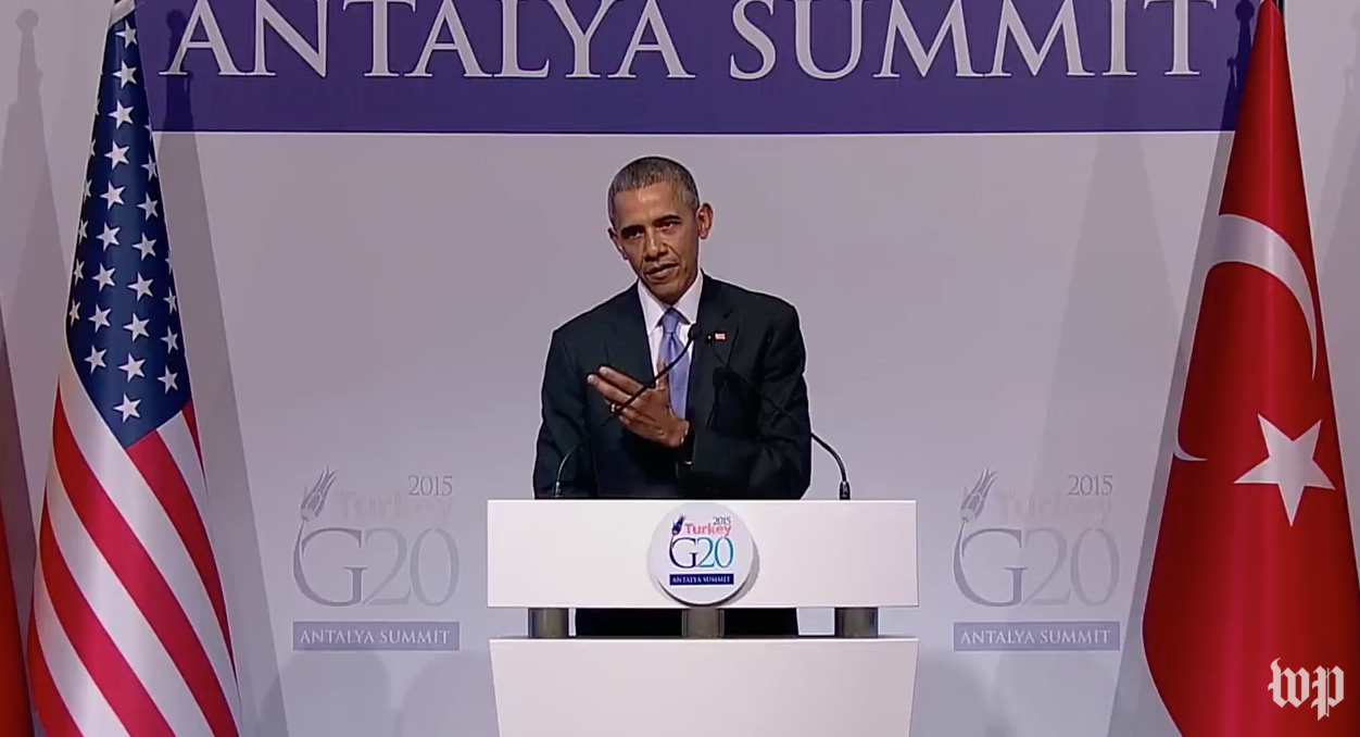 Tổng thống Mỹ Barack Obama phát biểu từ hội nghị G20 tại Thổ Nhĩ Kỳ. Ảnh: Washington Post
