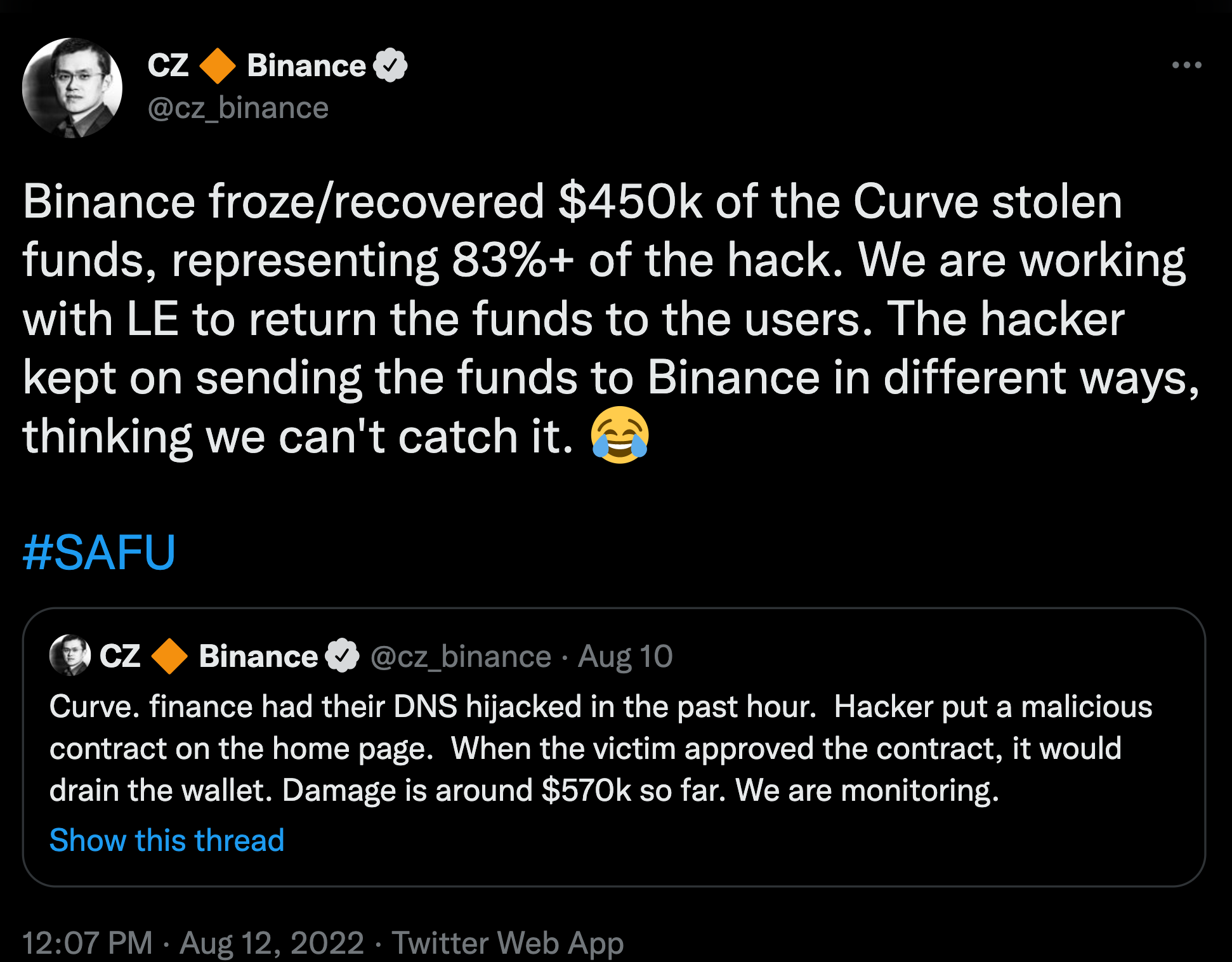 Binance thu hoi 450.000 USD tu vu hack Curve Finance anh 1