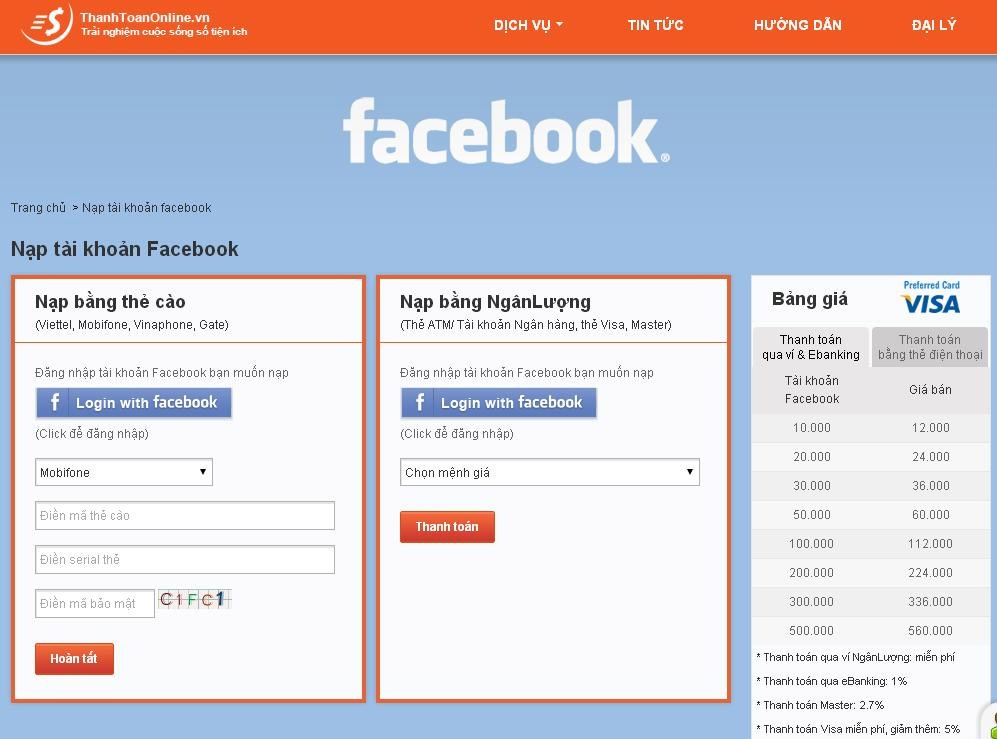 Nap tien truc tiep vao tai khoan Facebook tai Viet Nam hinh anh