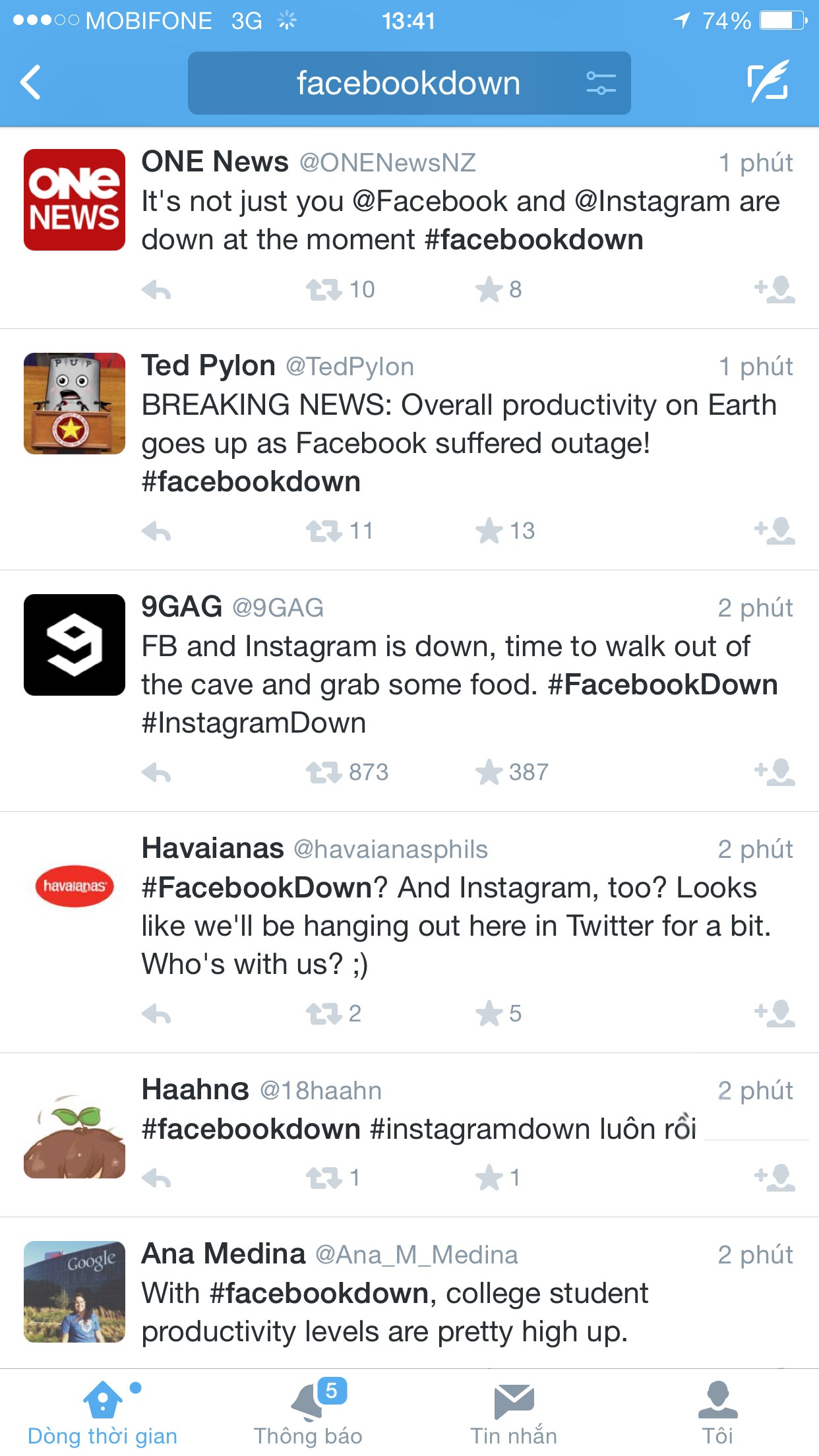 Người dùng Twitter thông báo về sự cố gặp phải khi truy cập Facebook.