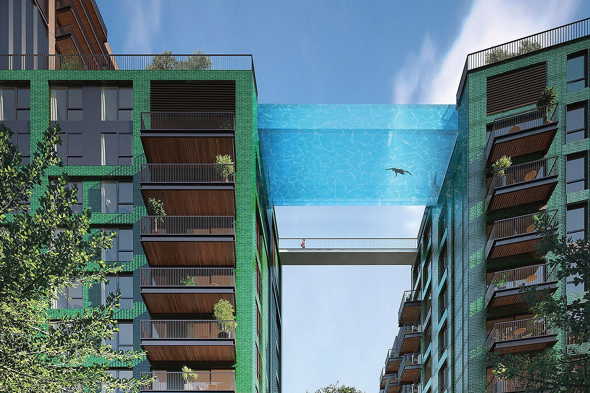 Be boi trong suot treo giua hai toa nha o Anh hinh anh