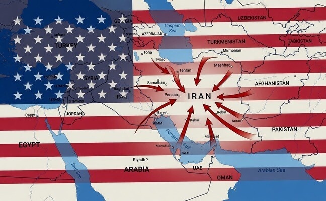 Ong Trump dang hinh ban do phu co My, chia mui ten vao Iran hinh anh