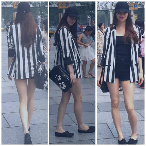 Hà Hồ chọn áo blazer kẻ sọc dáng boyfriend.