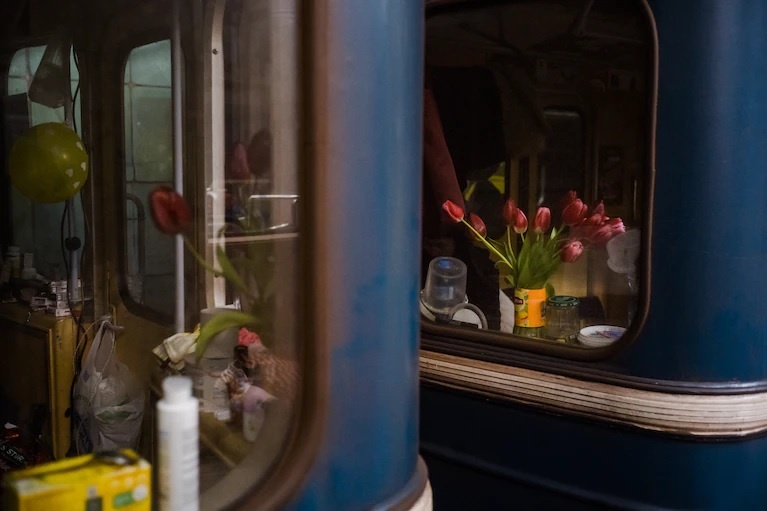 Phia sau lo hoa tulip ben cua so toa tau dien ngam o Kharkiv hinh anh