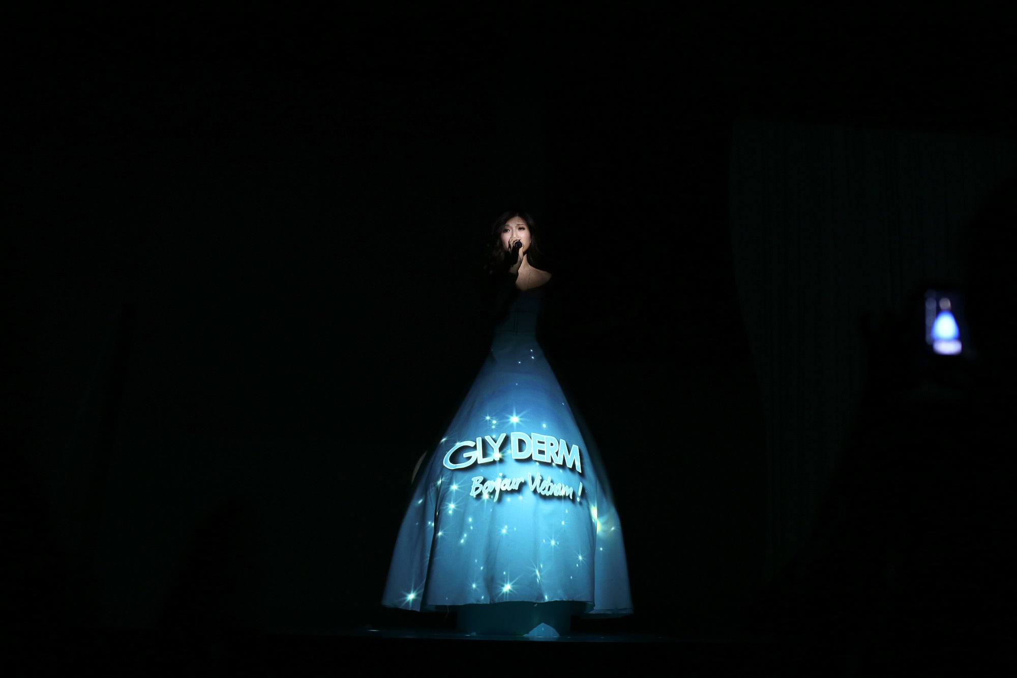  Hiệu ứng ánh sáng làm nổi bật dòng chữ “Bonjour Việt Nam” trên bộ váy của cô.